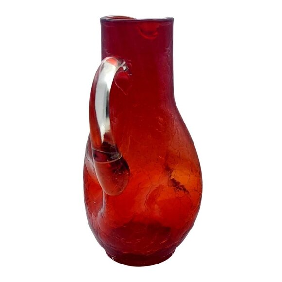 Vintage MCM Hand Blown Red Crackle Glass Pinched Pitcher Applied Clear Handle - Picture 3 of 11